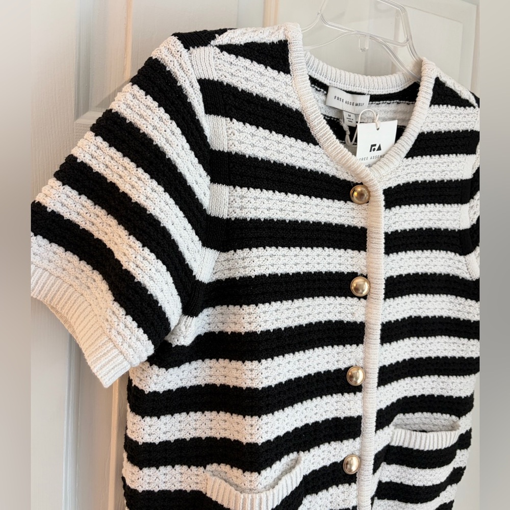 Striped Knit Cardigan Black White with Gold Buttons Size M - Picture 2 of 11